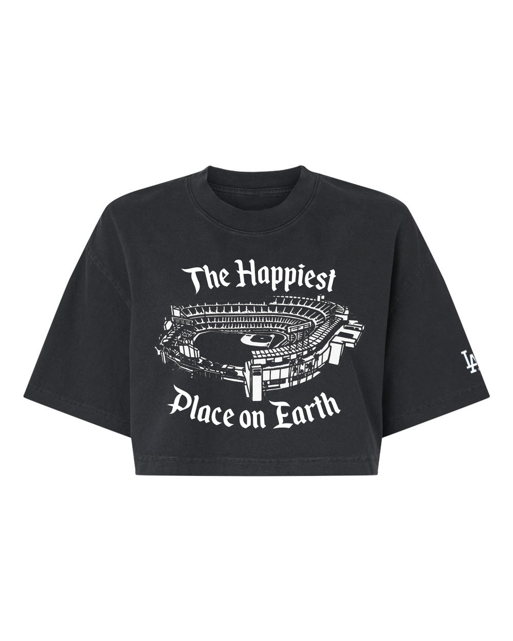 LA Baseball “Happiest Place” Women’s Crop Tee ⚾✨ | Vintage Graphic (Black & White)