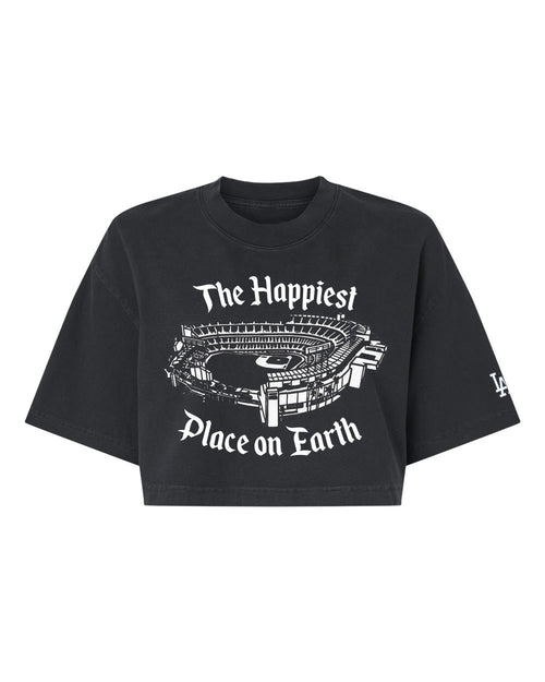 LA Baseball “Happiest Place” Women’s Crop Tee ⚾✨ | Vintage Graphic (Black & White)